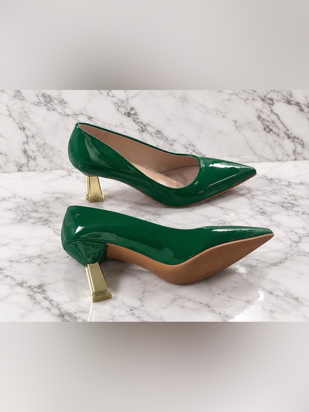 Emerald Patent Pointed-Toe Pumps with Gold Block Heel